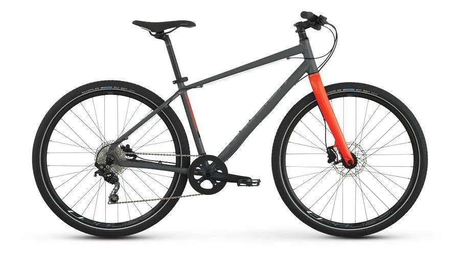 A gray and red bicycle with a red fork