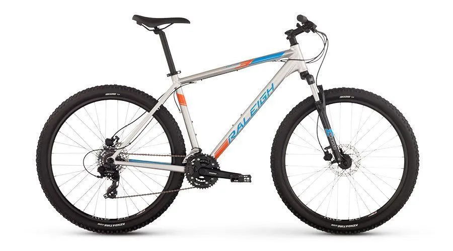 A silver and orange mountain bike