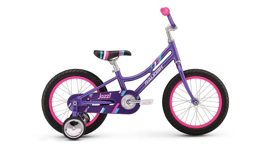 A purple and pink bicycle with training wheels